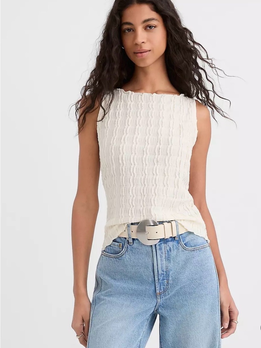 Sleeveless Textured Cream Ruffle Top